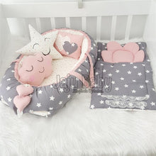 Load image into Gallery viewer, Jaju Baby Babynest Gray and Powder Star Orthopedic Luxury Baby Nest 5 Piece Set Baby Bed Baby Sleeping Set Baby Crib Bedding Set

